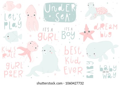 Cute vector ocean set with sea creatures for girls and boys summer baby shower and birthday designs or invitation. Could use as card, tag, poster, label template design. 