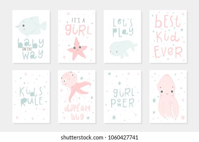 Cute vector ocean set with sea creatures. 8 postcard template with hand drawn illustrations.  Cute sea creatures for baby shower invitation, kid room decor, print, wallpaper