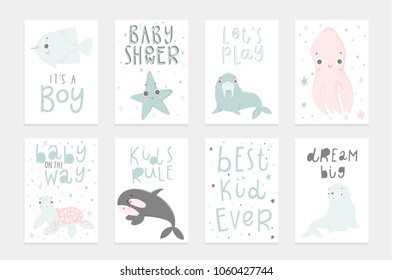 Cute vector ocean set with sea creatures. 8 postcard template with hand drawn illustrations.  Cute sea creatures for baby shower invitation, kid room decor, print, wallpaper