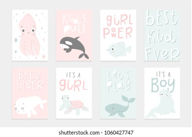 Cute vector ocean set with sea creatures. 8 postcard template with hand drawn illustrations.  Cute sea creatures for baby shower invitation, kid room decor, print, wallpaper