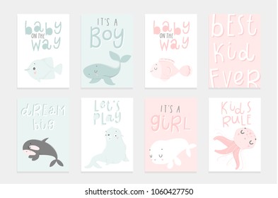 Cute vector ocean set with sea creatures. 8 postcard template with hand drawn illustrations.  Cute sea creatures for baby shower invitation, kid room decor, print, wallpaper