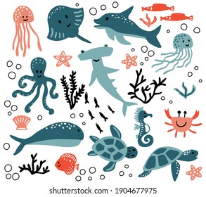 Cute vector ocean set with sea creatures for girls and boys summer baby shower and birthday party design. Jellyfish, Crab, Turtle, octopus, Fish, stingray, Dolphin