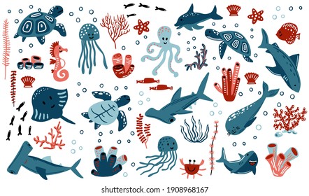 Cute vector ocean set with sea creatures for girls and boys summer baby shower and birthday party design. Jellyfish, Crab, Turtle, octopus, Fish, stingray, Dolphin, seal