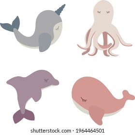
Cute vector ocean set with sea creatures for girls and boys summer baby shower and birthday design.Vector illustration with cute cartoon characters. Different sea animal: octopus, whale.