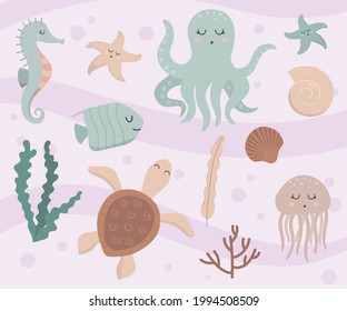 Cute vector ocean set with sea creatures. Gender neutral clipart. Baby fish, octopus, jellyfish, shell, seahorse, sea stars, turtle.