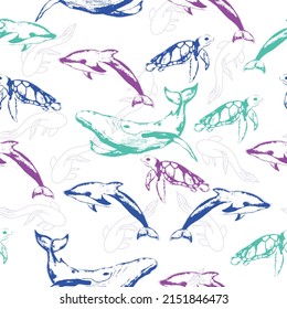 Cute vector ocean set with sea creatures for girls and boys summer baby shower and birthday party design.  Pattern with flat drawings of cute sharks, octopuses, crabs on a white background.