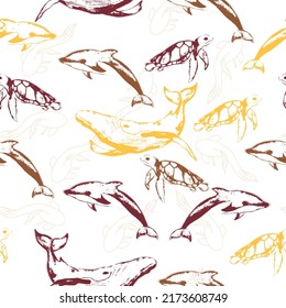 Cute vector ocean set with sea creatures for girls and boys summer baby shower and birthday party design.   Cute marine underwater fauna with narwhal, whale and dolphin. 