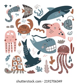 Cute vector ocean set with sea creatures for girls and boys, summer baby shower and birthday party design. Jellyfish, Crab, Turtle, Octopus, Fish, Stingray, Whale
