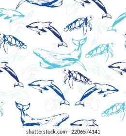 Cute vector ocean set with sea creatures for girls and boys summer baby shower and birthday party design.   Cute marine underwater fauna with narwhal, whale and dolphin. 