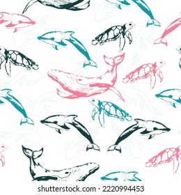 Cute vector ocean set with sea creatures for girls and boys summer baby shower and birthday party design.  Jellyfish, Crab, Turtle, octopus, Fish, stingray, Dolphin, seal