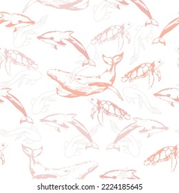 Cute vector ocean set with sea creatures for girls and boys summer baby shower and birthday party design.   Cute marine underwater fauna with narwhal, whale and dolphin. 