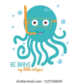 Cute vector octopus. Little octopus learning to dive.