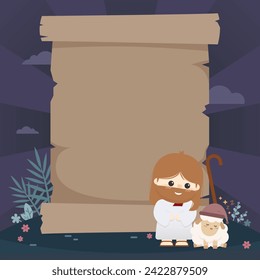 Cute vector of old paper scroll with illustration of Jesus the Shepherd sitting beside a sleeping sheep