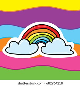 Cute vector on rainbow striped background outlined rainbow with clouds illustration. Funny cartoon style icon in doodle style