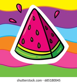 Cute vector on rainbow striped background outlined juicy watermelon slice summer illustration. Funny cartoon style hand drawn fruit icon in doodle style