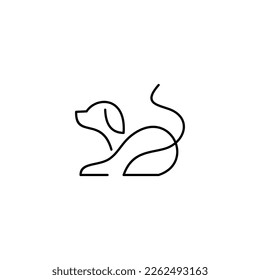 Cute vector one line dog logo. Minimalist pet in abstract hand drawn style. Black background graphic illustration.