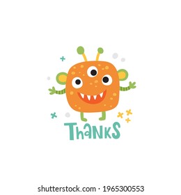 cute vector orange monster and thanks hand lettering texts, funny illustration for kids