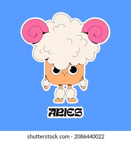 Cute vector orange, white and pink mushroom as an Aries zodiac sign. Fungi sticker illustration with face as an astrology symbol. Bright colors, childish drawing.