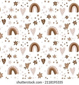 Cute vector ornament with rainbows, stars and dots. Flat design in pastel shades for valentine's day, for holidays, events. Pattern for surfaces in a naive minimalist style.