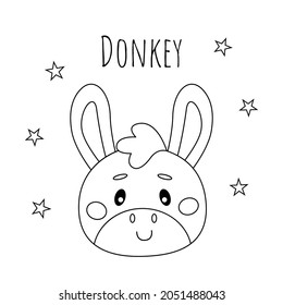 Cute vector outline donkey. Cartoon isolated illustration for coloring book