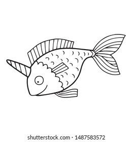 Cute vector outline illustration of a cartoon animal. Unicorn zoo. Perfect for coloring book or page for kids and adults. Fish.