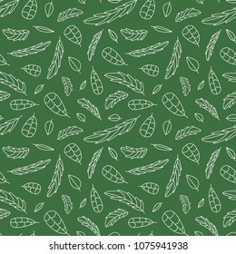 Cute vector outline leaf feather seamless pattern. Abstract print with leaves. Nature design for fabric, wrapping and textile. White line Illustration on dark green background.