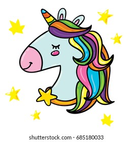 Cute vector outlined illustration of unicorn head with rainbow hairs around shining stars. isolated on white background
