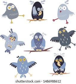 Cute vector owl characters showing different species. Vector illustration.