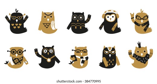 Cute vector owl characters showing different species include. Set of cartoon owls. Isolated owl icons. Vector illustration. Gold and black colors. White background.