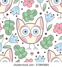 Cute vector owl and flower seamless pattern. Abstract colorful print with flowers, owls and leaves. Elegant beautiful nature floral ornament for fabric, wrapping and textile. Scrapbook kids paper
