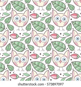 Cute vector owl and flower seamless pattern. Abstract colorful print with flowers, owls and leaves. Elegant beautiful nature floral ornament for fabric, wrapping and textile. Scrapbook kids paper
