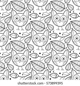 Cute vector owl and flower seamless pattern. Abstract colorful print with flowers, owls and leaves. Scrapbook black and white kids paper
