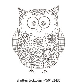Cute vector owl with hand drawn floral ornament. Nice cartoon bird with doodle flowers, bubbles and curls. Isolated. Coloring page for children and adult. Outline.