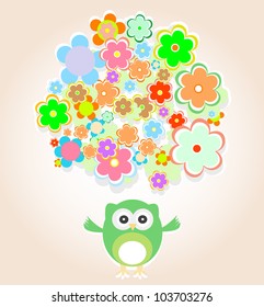 cute vector owl with many flowers