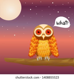 Cute Vector Owl on night sky background with moon and star