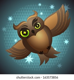 Cute vector owl on a night sky abstract background