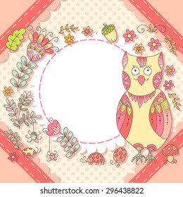 Cute vector owl photo frame. Baby shower card. Scrapbook elements. Vector illustration.