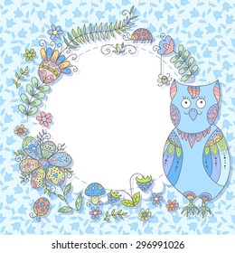 Cute vector owl photo frame. Baby shower card. Scrapbook elements. Vector illustration.