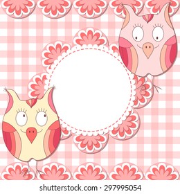 Cute vector owl photo frame. Baby shower card. Scrapbook elements. Vector illustration.