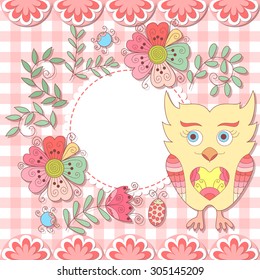 Cute vector owl photo frame. Baby shower card. Scrapbook elements. Vector illustration.