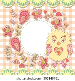 Cute vector owl photo frame. Baby shower card. Scrapbook elements. Vector illustration.