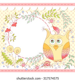 Cute vector owl photo frame. Baby shower card. Scrapbook elements. Vector illustration.