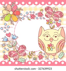 Cute vector owl photo frame. Baby shower card. Scrapbook elements. Vector illustration