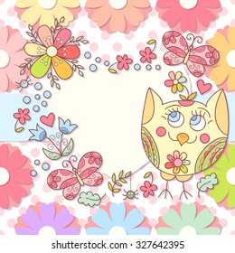 Cute vector owl photo frame. Baby shower card. Scrapbook elements. Vector illustration