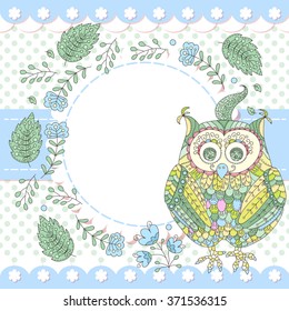 Cute vector owl photo frame. Baby shower card. Scrapbook elements. Vector illustration with owl, flowers and leafs.