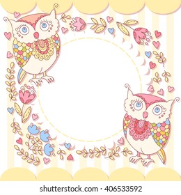 Cute vector owl photo frame. Baby shower card. Scrapbook elements. Vector illustration with owl, flowers and leafs.