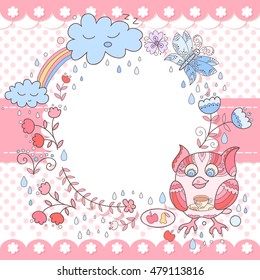 Cute vector owl photo frame. Baby shower card. Scrapbook elements. Vector illustration with owl, flowers and leafs.