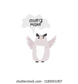 Cute vector owl with phrase nighty night - illustration cut out from actual paper. Scrapbook element. Art poster for nursery or kids room poster.