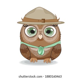 Cute vector owl scout in hat, picture in hand drawing style, for t-shirt wear fashion print design, greeting card, postcard. party invitation