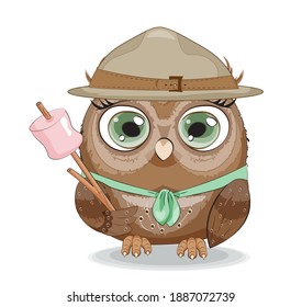 Cute vector owl scout in hat with marshmallow, picture in hand drawing style, for t-shirt wear fashion print design, greeting card, postcard. party invitation